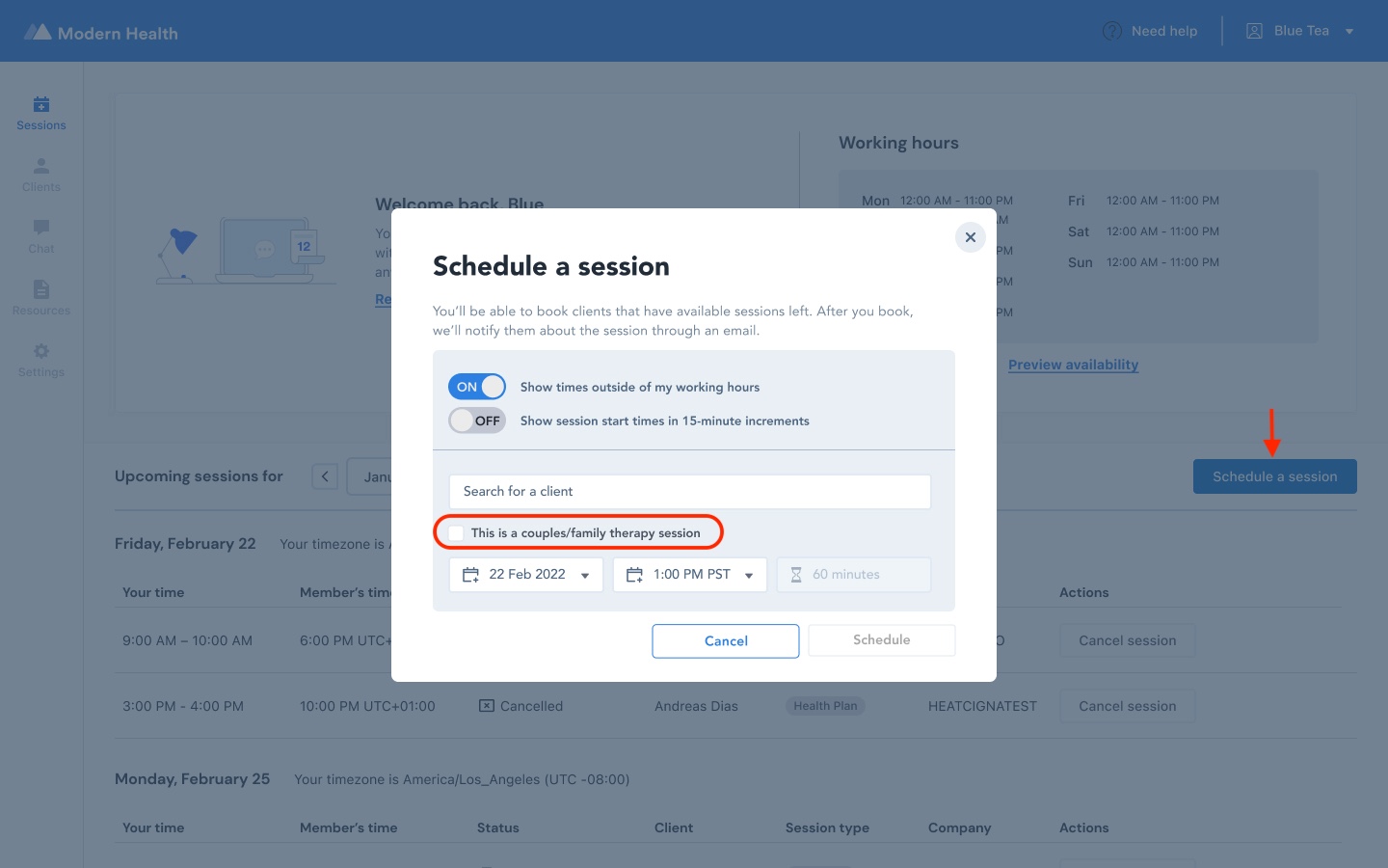 Provider Dashboard Session Preferences – Modern Health Providers